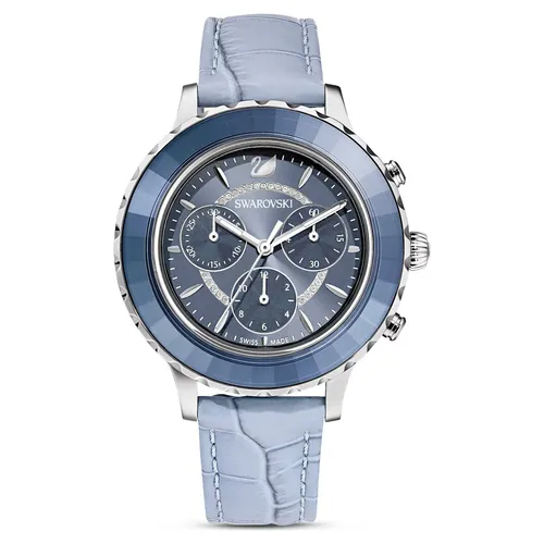Swarovski Octea Lux Chrono Uhr in Blau - Damenuhr mit elegantem Quarzwerk und funkelnden Kristallen, ausgestattet mit einem stilvollen italienischen Kalbslederarmband und wasserdicht bis 50 Meter.