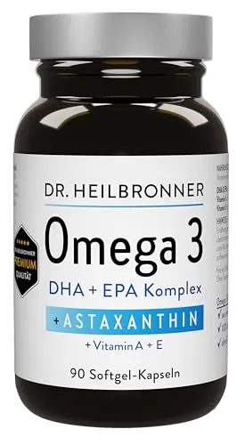 Dr. Heilbronner Omega 3 Astaxanthin Kapseln mit A & Vitamin E in der Glasflasche I Astaxanthin aus Algastin Oleoresin aus der Alge Haematococcus Pluvialis I 90 Gelatine-Kapseln