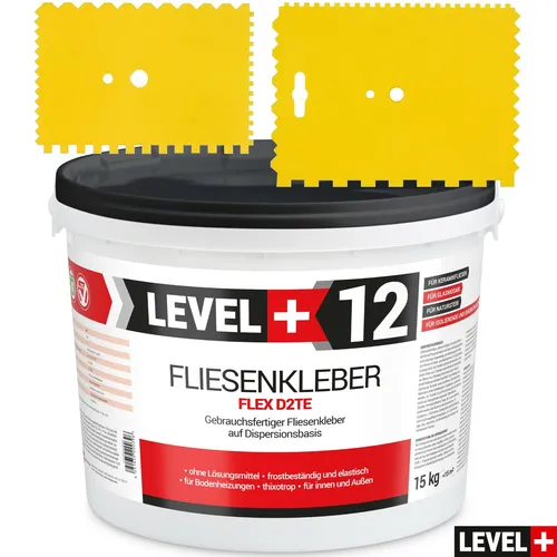 Level+ Fliesenkleber L+12 - 10KG mit 2 Zahnspachteln - Klebstoffe, hochwertiger Fertigdispersionkleber für einfache und schnelle Fliesenverlegung, inklusive 2 Zahnspachteln für optimale Anwendung.