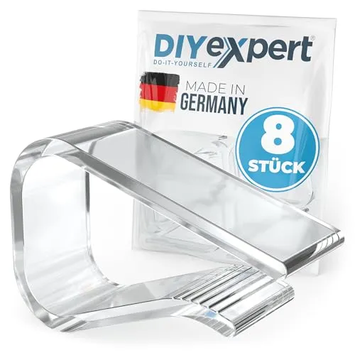 DIYexpert Tischtuchklammern Transparent Made in Germany [bis 25 mm] [8 Stück] Stabile Tischdeckenklammern – Wetterfest & rutschfest – Tischklammern für Garten, Balkon & Innenbereich
