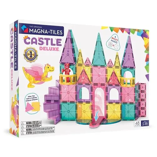 Magna-Tiles Castle Deluxe 48 pcs - Bauset mit 48 Teilen für kreative Burgen, inklusive funktionierender Zugbrücke und exklusiven Figuren. Fördert Koordination und Feinmotorik bei Kindern ab 3 Jahren. Ideal für fantasievolle Abenteuer!
