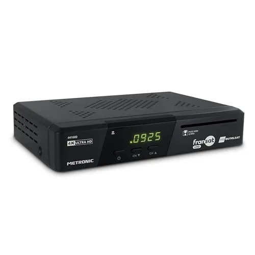 METRONIC 441680 Decoder Fransat 4K UHD HDR10 Satellit, kostenloser TNT-Empfang, Dolby Atmos-Sound, Dual-Power-USB-Anschluss, Fransat-Karte inklusive, Pause und TV-Wiedergabe (Time Shift)