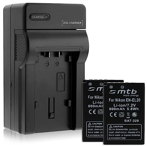 Akkus + Ladegerät (KFZ, Netz) kompatibel mit Nikon EN-EL20 / 1 AW1, 1J1, 1J2, 1J3, 1S1, Coolpix A 2