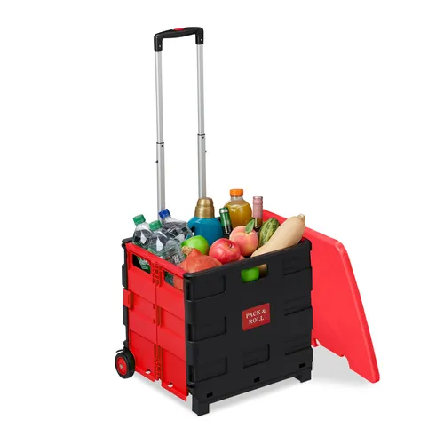 relaxdays Klappbarer Einkaufstrolley mit Deckel, Rot Schwarz Silber