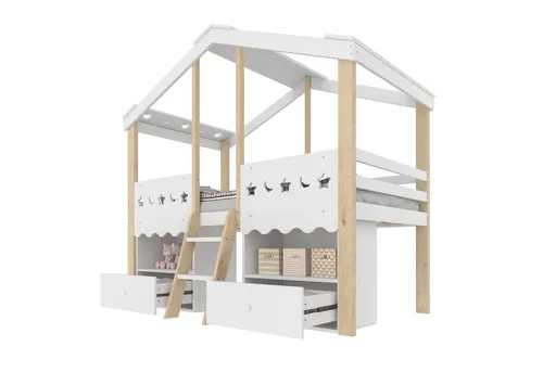 SOFTWEARY Hochbett mit LED-Beleuchtung und Stauraum (90x200 cm, Regal, Schubladen und Trittleiter) Kinderbett mit Rausfallschutz, Kiefer