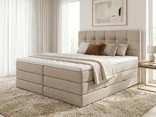 Boxspringbett Best XL mit 2 Stauraum-Bettkästen und Topper - Beige - Boxspringbett Best XL in Beige mit zwei Bettkästen für praktischen Stauraum. Hochwertige Taschenfederkernmatratze für optimalen Schlafkomfort und mittelfeste Unterstützung. Ideal für gemütliche Nächte!