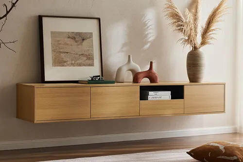 riess-ambiente TV-Board LOFT 200cm - modernes Eichen-Design mit Stauraum - Hängendes TV-Board in Eichen-Optik mit 3 Türen, 7 Fächern und einer Schublade. Perfekt für eleganten Stauraum im Wohnbereich oder Flur. Durch die Push-to-Open-Funktion wird der Zugang besonders komfortabel.