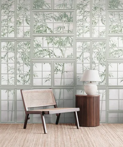 living walls Fototapete THE WALL III - Bambus Blattmuster für Fenster - Vliestapete mit elegantem Bambus Blattmuster in grau und grün, ideal für Schlafzimmer, Küche oder Wohnzimmer. Besonders pflegeleicht und rückstandslos abziehbar.