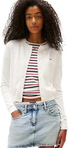 Tommy Jeans Damen Strickjacke Cardigan Essential Crew Neck, Ecru, M - Strickjacke für Damen, ikonisches Design aus 100% regenerativer Baumwolle, optimaler Tragekomfort für jeden Anlass – perfekt für Büro und Freizeit.
