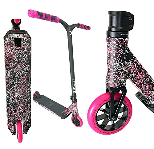 Root Industries R-Type Stunt-Scooter - Park Trick Roller mit Fantic26 Sticker (Pink Schwarz Weiss Splatter) - Stuntscooter für Kinder von 3-7 Jahren, optimales Preis-Leistungs-Verhältnis, ideal für Skateparks, inklusive limitiertem Fantic26 Team Armband und Sticker.