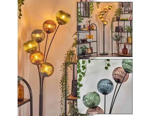 Hofstein Stehlampe Retro-Design aus Metall und Riffelglas in Schwarz/Kupfer/Blau/Grün - Elegante 6-flammige Stehlampe für den Innenbereich im Vintage-Stil. Mit Fußschalter und stilvollen Glasschirmen setzt sie Akzente in jedem Raum.
