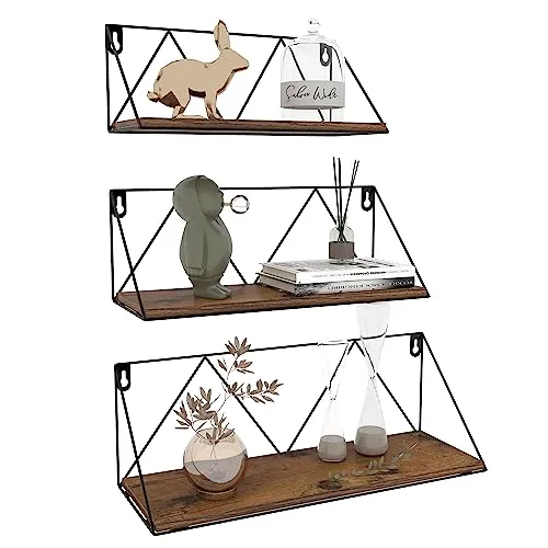 EYMPEU Rustikales Wandregal 3er Set, Wandregal Holz mit Metall, geeignet für Küchen Bäder Wohnräume Büro