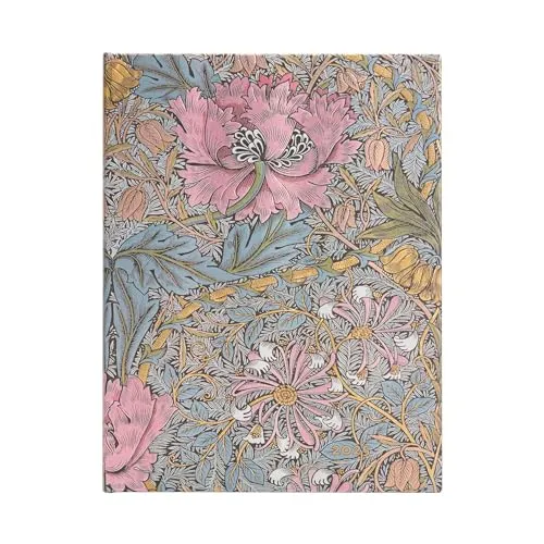 Paperblanks 12-Monatskalender 2025, Morris Heckenkirsche in Pink, Ultra, Horizontal, Elastikband-Verschluss