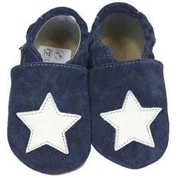 Krabbelschuhe blau mit weißem Stern 20/21 - Babyschuhe aus weichem Rindsleder, ideal für erste Krabbel- und Gehversuche. Rutschfeste Sohle für sicheren Halt, perfekt für zuhause oder die Kita.