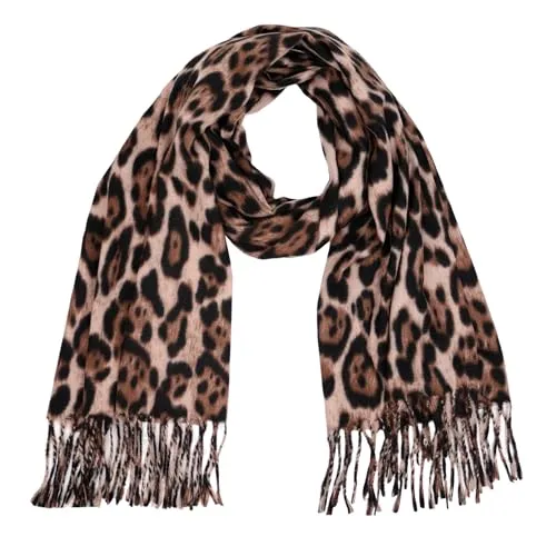 MIRROSI Modeschal weicher und warmer Schal mit Fransen, 70x180cm, (angesagtes Leomuster Leo Leopard Muster), Damen Halstuch ideal für Herbst und Winter (Leo Helltaupe)