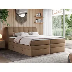 Boxspringbett Stauraumbett mit LED Kopfteil - GOLD-10-KING - 180x200 - Braun - Betten mit praktischem Stauraum und stilvollem LED Kopfteil, inklusive 7-Zonen-Taschen-Federkernmatratzen für optimalen Schlafkomfort.