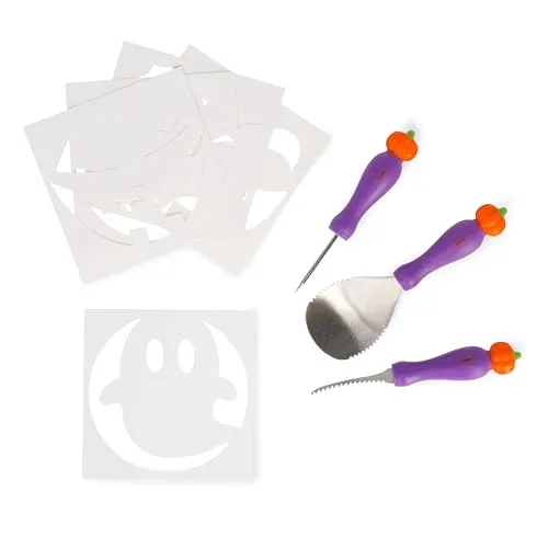 Legami - Kürbis Schnitzset Halloween, 8 Teile, Kreative Schnitzwerkzeuge, DIY Werkzeuge, Kürbisaushöhlung Set, Messer, Löffel, Stechahle, 5 Schablonen inklusive