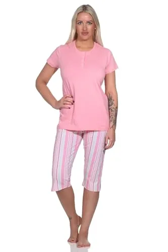 Normann Eleganter Damen Capri Pyjama, Schlafanzug mit Knopfleiste und ¾ Capri Hose, Farbe:Rose, Größe:44-46