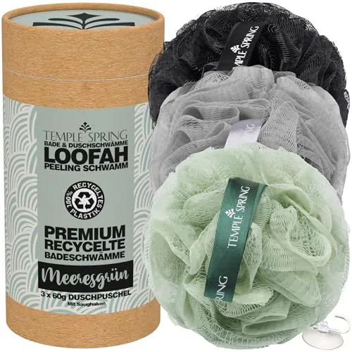 Temple Spring Recycelter Duschschwamm, Körperpeeling Badeschwamm, Luffa Schwamm, Peeling Schwamm für Eingewachsene Haare, Waschschwamm Körper, Loofah Body Scrubber, Duschschwamm Körper - Meeresgrün