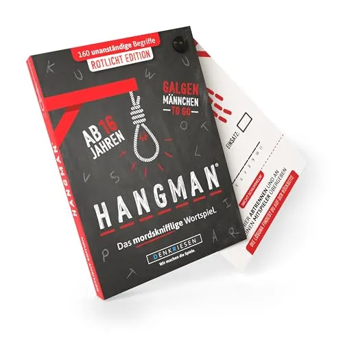 DENKRIESEN - Hangman - ROTLICHT Edition - Galgenmännchen to GO | Spielblock | Partyspiel | Reisespiel | Wichtelgeschenk | Geburtstagsgeschenk | Rätselblock - Spiel ab 2 Personen, HM2009