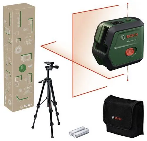 Bosch Home and Garden UniversalLevel 2 Set Kreuzlinienlaser - Messgeräte für präzise Arbeiten bis 12m Reichweite, mit Selbstnivellierfunktion und Neigungsfunktion für diagonale Linien. Ideal für Heimwerkerprojekte.