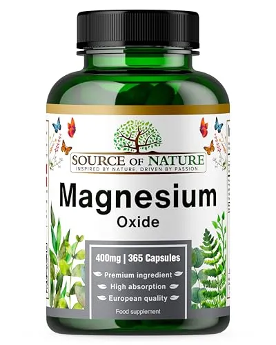 Magnesiumoxid (Magnesium Oxid/Magnesium Oxide) – 400 mg Elementar – Hochdosiert – 365 Vegane Kapseln – Für Muskeln, Energie & Knochen – Source of Nature
