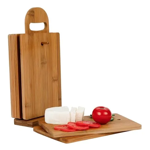 Axentia Frühstücksbrettchen Set aus Bambus – 6 Frühstücksbrettchen mit Ständer – Schneidebrettchen Holz – Frühstücksbrett Holz Set – Bambus Brettchen Küchenbrett Mehrweg