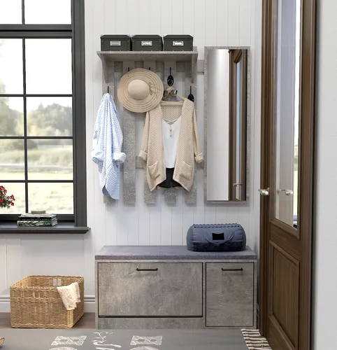 Mondeer Flurgarderob Garderoben-Set mit Schuhschrank und Spiegel in Grau