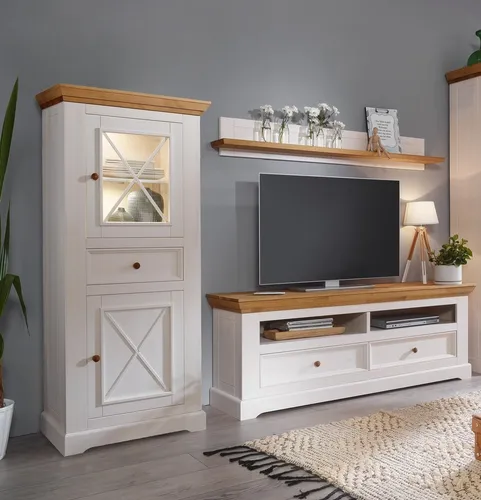 Moderne Wohnwand WZ-0133 (3-teilig) in Weiß und Eiche