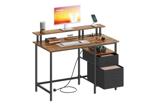 VASAGLE Schreibtisch mit Stoff-Schubladen, Computertisch mit Monitorständer, für Homeoffice, Bürotisch, 2 AC-Steckdosen, 2 USB-A-Anschlüsse, 120 x 60 cm