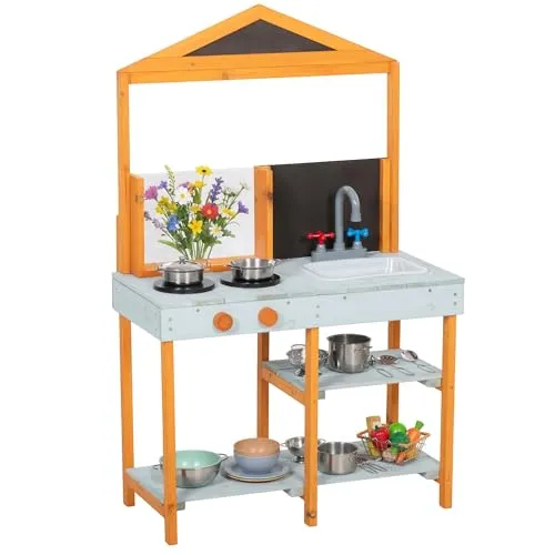 AIYAPLAY Matschküche Kinder Outdoor Spielküche Holz mit Herd Abnehmbarer Spüle Regalen Kinderküche mit 4 Edelstahlschüsseln 3 Schaufeln Outdoorküche für Kinder von 3-8 Jahren, Hellblau