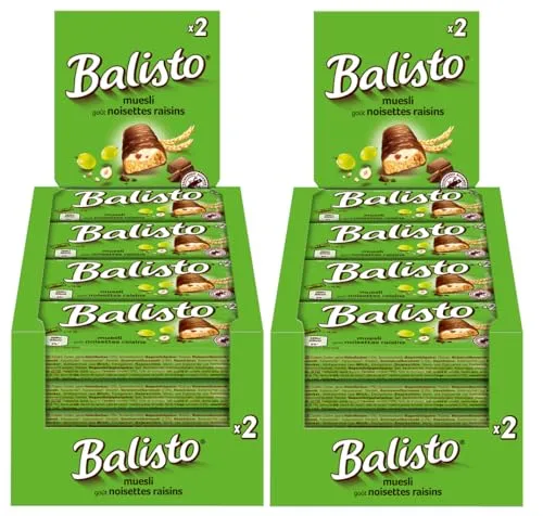 Balisto Riegel Müsli 2x 20x37g Keks mit Vollkorn und einer Crème mit Haselnussgeschmack und Rosinen, umhüllt von Milchschokolade.