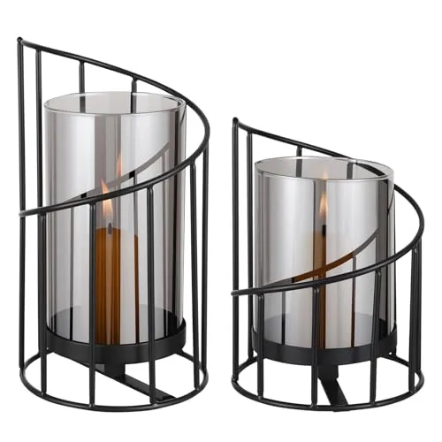 Votoko Kerzenhalter Metall Windlicht 2 Stück, Kerzenhalter aus Glas, Glaszylinder Mit Metall Boden Für Deko Wohnzimmer Modern, Windlicht Outdoor, Tischdekoration Kerzenständer(Spirale) (Schwarz)