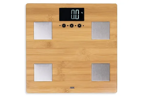 ADE Körper-Analyse-Waage Körperfettwaage mit Wiegefläche aus echtem Bambus, Messung 4 Körperwerte, 10 Speicherplätze, LCD Display, Tap-on-Technik
