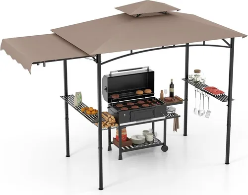 Grillpavillon mit seitlicher Markise und Doppeldach, Braun