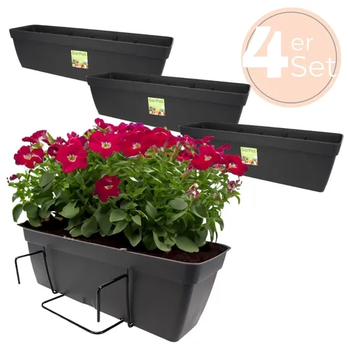4x Blumenkasten Balkon Geländer Halterung 50 cm Anthrazit - Garten-Zubehör: Set von 4 Blumenkästen mit Wasserspeicher für optimalen Pflanzenwuchs, ideal für Balkone und Terrassen.