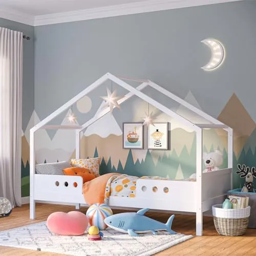 Bellabino Bela Kinderbett 90x200 cm – Sicheres Hausbett mit Rausfallschutz aus Massivholz - Kleinkindbett mit Rausfallschutz für sicheres Schlafen. Ideal für Jungen und Mädchen, mit hoher Belastbarkeit und einfachem Aufbau für kuschelige Nächte.