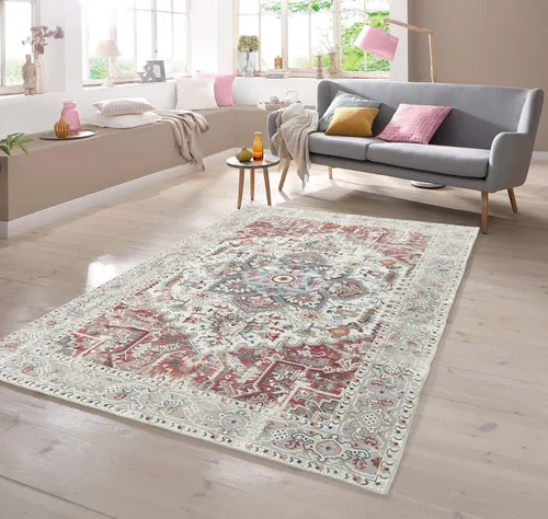 TeppichHome24 Teppich Klassischer Teppich mit orientalischen Verzierungen in creme rot, rechteckig, Höhe: 7 mm