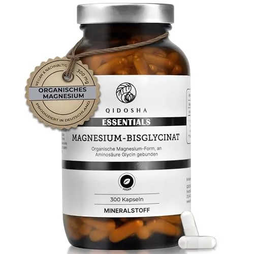 QIDOSHA® Magnesium Bisglycinat Kapseln - 300 Stk im Apothekerglas - Magnesiumpräparate mit hoher Bioverfügbarkeit, ideal für empfindliche Mägen. Jede Tagesportion liefert 300 mg elementares Magnesium für Energie und Wohlbefinden.