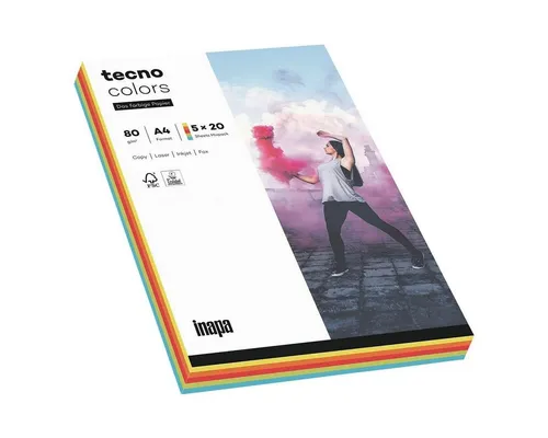 Inapa tecno Druckerpapier Rainbow, Intensivfarben-Mix, Format DIN A4, 80 g/m², 100 Blatt