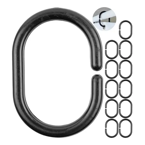 Duschvorhang Ringe, 12 Stück, in Schwarz, Ø 4,6 x 2,9 cm innen, für Duschvorhangstangen, Schwarze Duschringe, aus stabilem Kunststoff, Ring Dusche Duschvorhang, Duschvorhangringe, Duschhaken C-Ring