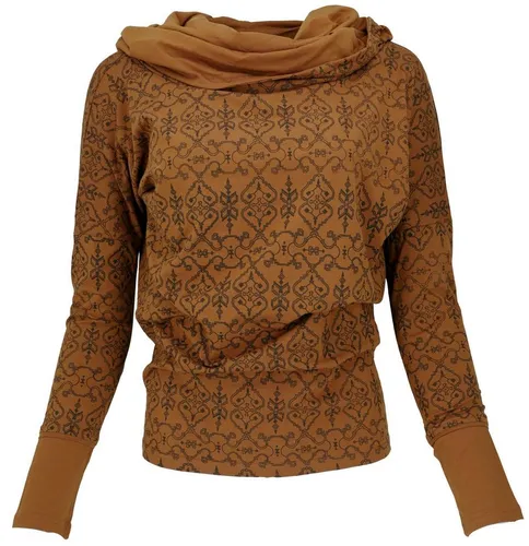 GURU SHOP Lockeres Longshirt aus Bio-Baumwolle - Caramel/Taupe, Damen, Größe M - Stylisches Longshirt aus Bio-Baumwolle mit lässiger Schalkapuze und Fledermausärmeln. Der elastische Stoff sorgt für eine bequeme Passform und vielseitige Trageoptionen.