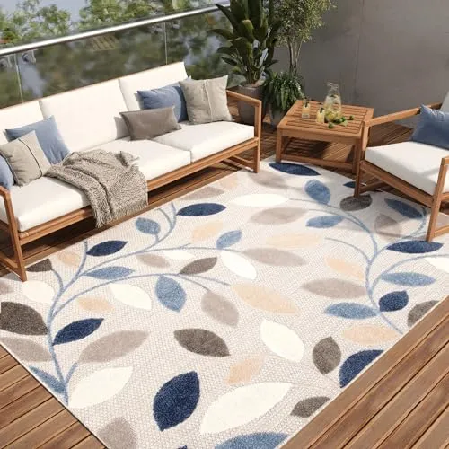 TAPISO Patio Teppich Indoor Outdoor Grau Mehrfarbig Blätter Sisaloptik Strapazierfähig Wetterfest Flachgewebe Terrasse Wohnzimmer ÖKO-TEX 140 x 200 cm