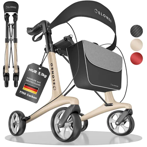 Carbon Rollator leicht und faltbar mit Sitz – 5,1 kg Gehhilfe für Senioren