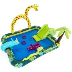 COSTWAY Dschungeltiere Planschbecken mit Sprinkler & Rutsche - Multifunktionales Wasserspielcenter für Kinder ab 2 Jahren. Der aufblasbare Pool bietet Rutschen, Sprinkler und Spielzeug für erfrischenden Spaß im Freien. Ideal für unbeschwerte Sommertage im Garten!