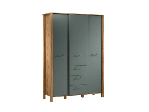 Großer Standkleiderschrank mit Schubladen und Kleiderstangen - Moderner Garderobenschrank in Grün für Ihr Schlafzimmer. Mit 3 Türen, 8 Regalfächern und 3 Schubladen bietet er viel Stauraum und ist pflegeleicht. Maße: 138 x 53 x 200 cm.