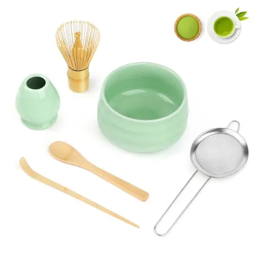 YARVPUV Matcha Set 6 Stück Matcha Besen Set mit Besen, Schaufel, Sieb, Chasen Besenständer, Löffel, Matcha Schale Komplettes Macha Tea Set für traditionelle Teezeremonie - Grün