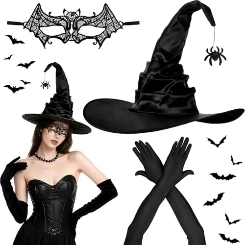 POWZOO Hexenhut Damen mit Spinnenmaske & Lange Handschuhe(3-Teilig)– Faltbarer Hexenhut mit Spinnenanhänger & 50cm Stretchhandschuhe,Hexen Zubehör für Halloween,Karneval,Cosplay,Maskerade
