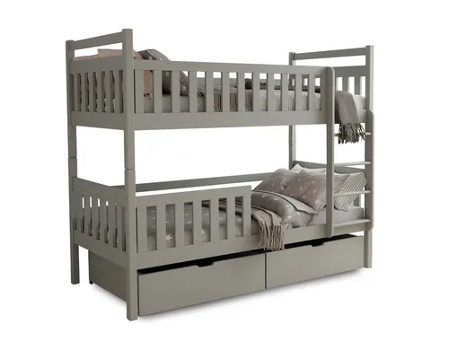 Deine Möbel 24 Etagenbett MICO für 2 Kinder 90x200 GRAU Hochbett Kinderbett aus Massivholz (Matratzen optional, Bett mit Lattenrost, 2 Schubladen, Leiter und Rausfallschutz), aus Vollholz Kiefernholz, in 2 Einzelbetten umbaubar