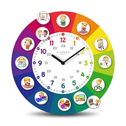 Cander Berlin MNU 11930 R Kinderwanduhr lautlos 30 cm - Wanduhren für Kinderzimmer mit lautlosem Uhrwerk, ideal zur Förderung des Zeitverständnisses durch 24 Tätigkeitsbilder für spielerisches Lernen.